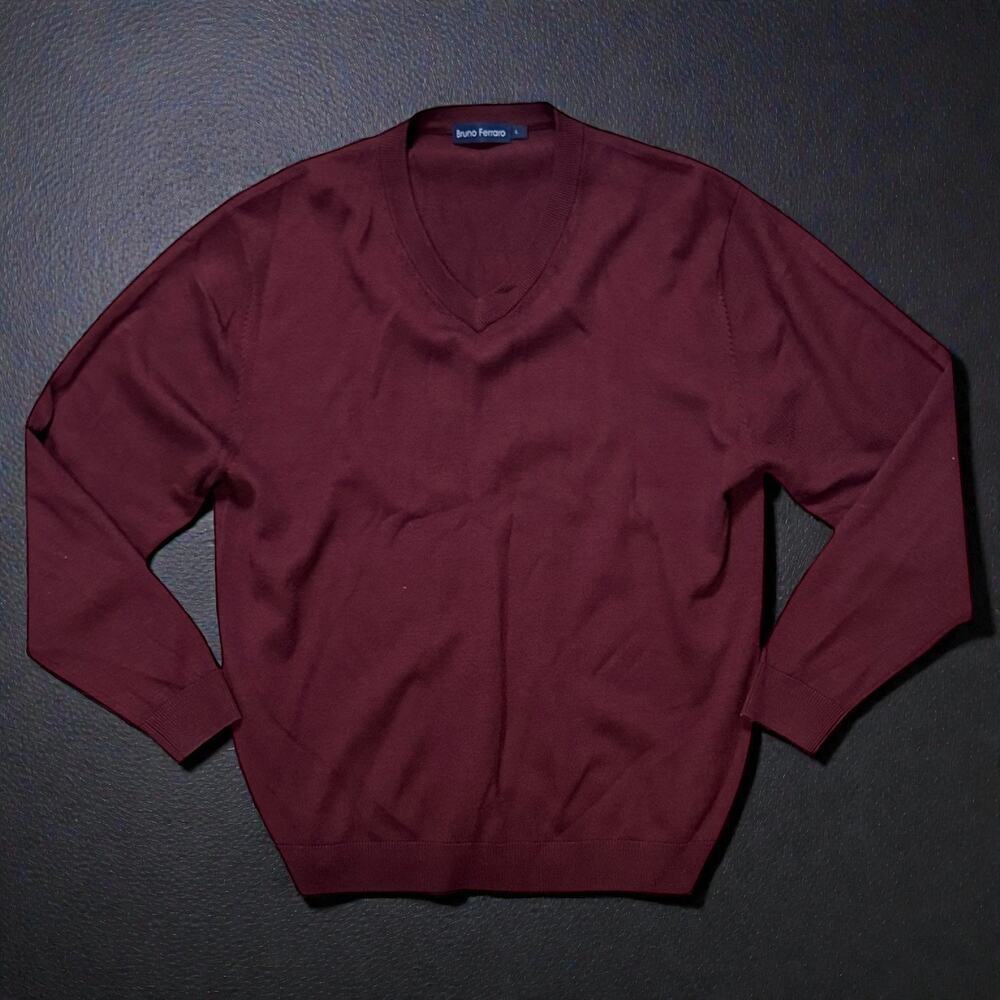 Bruno Ferraro V-Neck Sweater Mens Oxblood Burgundy Merino Wool Preppy Size L